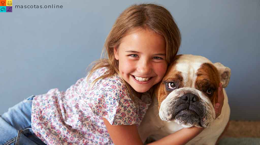 niña feliz abraza a perro Bulldog